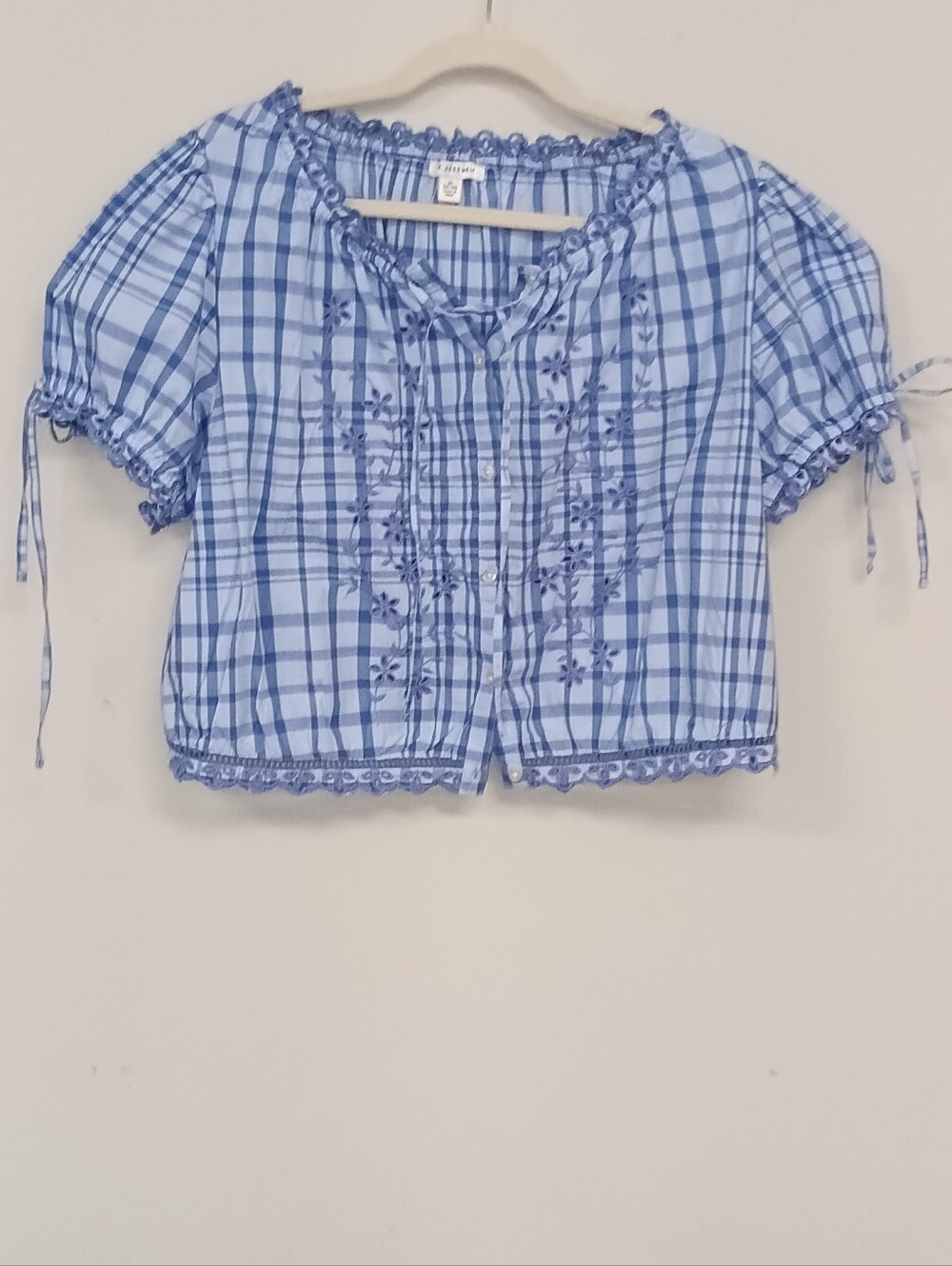 NWT Free Assembly XL Blue Plaid Embroidered Puff Sleeve Top Cottagecore Peasant